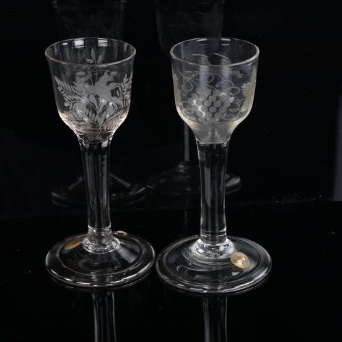 1206 - 2 similar 18th century cordial glasses with etched bowls and folded feet, height 14cm