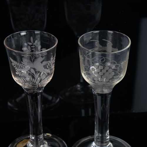 1206 - 2 similar 18th century cordial glasses with etched bowls and folded feet, height 14cm