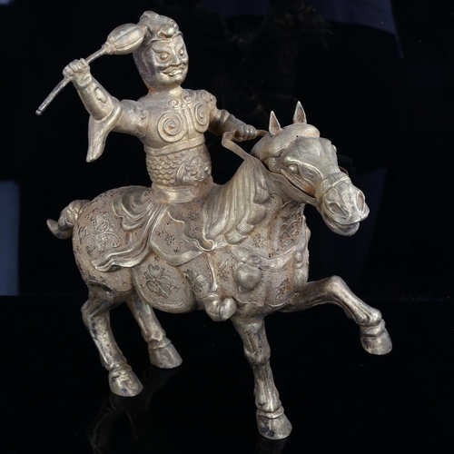 1208 - A Chinese gilt-metal horse and rider, with highly detailed applied wirework decoration, height 28cm,... 