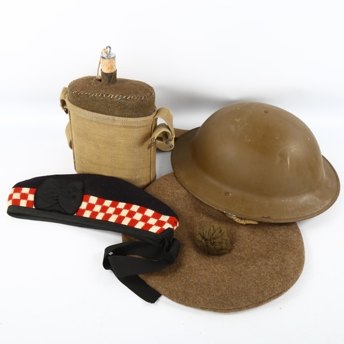 1217 - World War II period militaria, a Brodie Helmet, Tam O'Shanter, Glengarry cal and canteen (4)