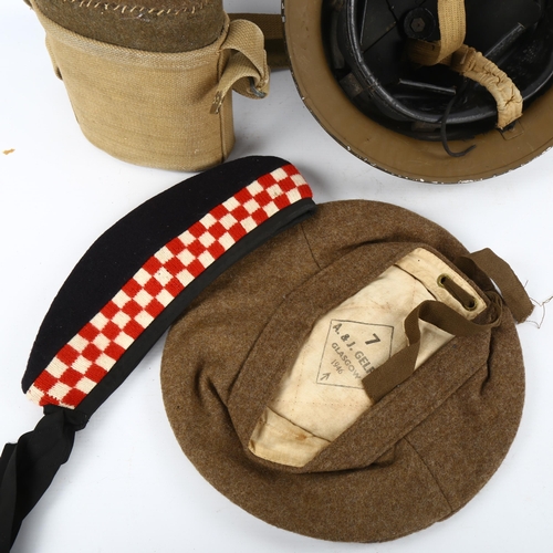 1217 - World War II period militaria, a Brodie Helmet, Tam O'Shanter, Glengarry cal and canteen (4)