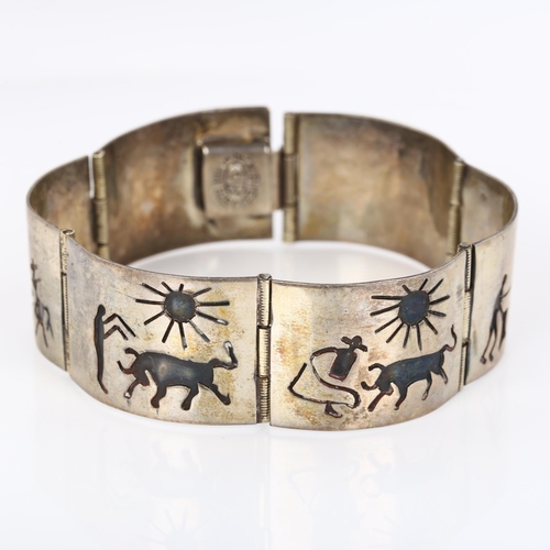 355 - A Vintage Mexican sterling silver bull fighting panel bracelet, maker's marks CJB, bracelet length 1... 