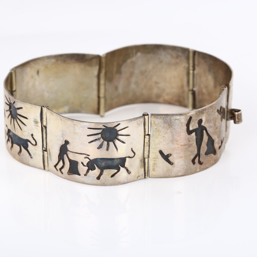 355 - A Vintage Mexican sterling silver bull fighting panel bracelet, maker's marks CJB, bracelet length 1... 