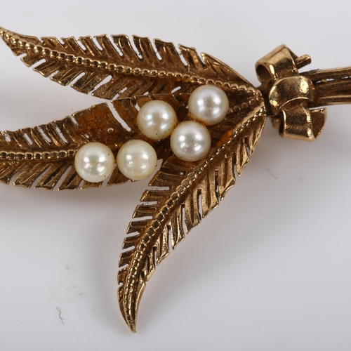 357 - A late 20th century 9ct gold cultured pearl fern brooch, maker's marks HW and S, hallmarks Birmingha... 