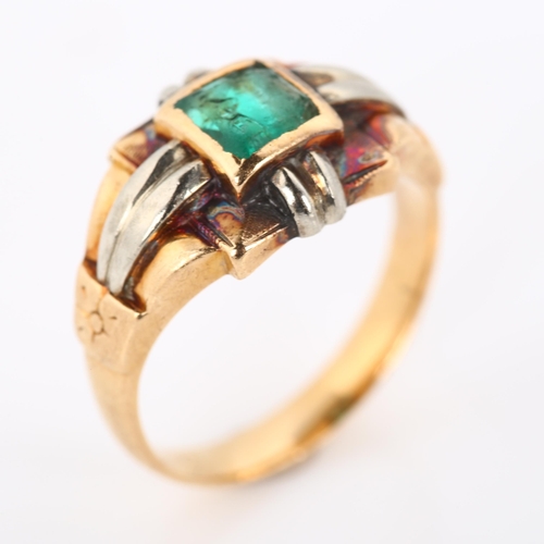 361 - A Continental 18ct gold solitaire emerald dress ring, set with square-cut emerald, setting height 9.... 