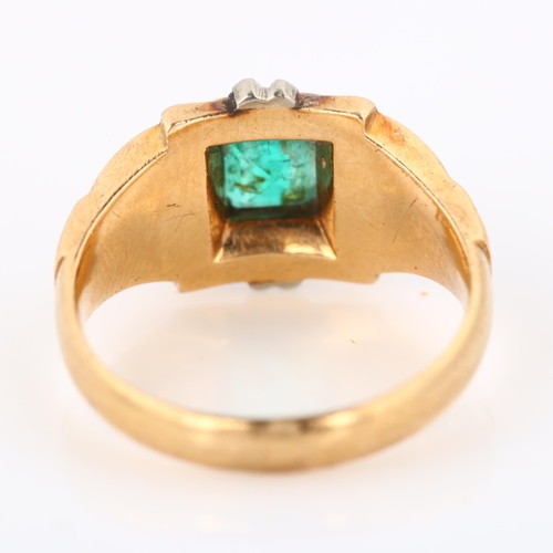 361 - A Continental 18ct gold solitaire emerald dress ring, set with square-cut emerald, setting height 9.... 