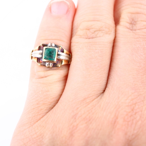 361 - A Continental 18ct gold solitaire emerald dress ring, set with square-cut emerald, setting height 9.... 