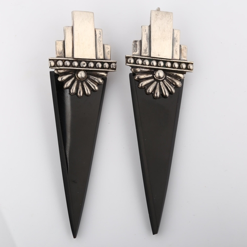 372 - A large pair of Art Deco Continental silver and black stone earrings, geometric form with fan motif ... 