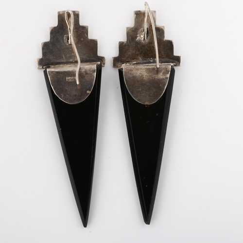 372 - A large pair of Art Deco Continental silver and black stone earrings, geometric form with fan motif ... 