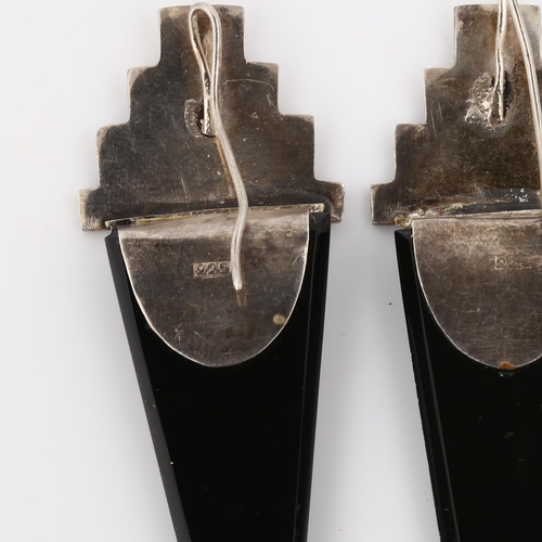 372 - A large pair of Art Deco Continental silver and black stone earrings, geometric form with fan motif ... 