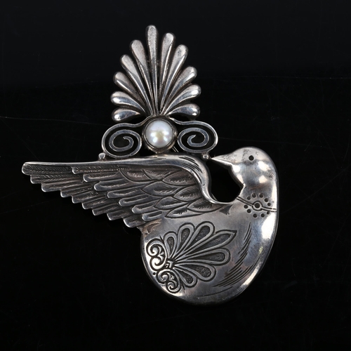 373 - A large Eastern sterling silver and pearl bird brooch, maker's marks ER, brooch length 76.1mm, 32.4g