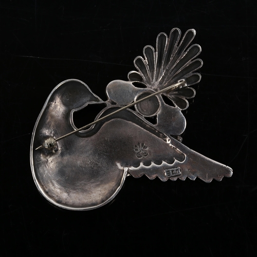 373 - A large Eastern sterling silver and pearl bird brooch, maker's marks ER, brooch length 76.1mm, 32.4g