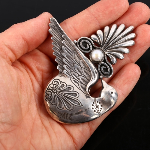 373 - A large Eastern sterling silver and pearl bird brooch, maker's marks ER, brooch length 76.1mm, 32.4g