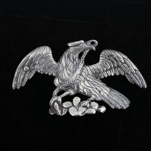 376 - A large and heavy eagle and snake pendant/belt buckle?, unmarked silver settings, wingspan 106.8mm, ... 