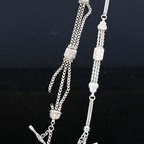 378 - 2 Victorian silver Albertina chain bracelets, with T-bar tassel fob and dog clip, both 20cm long, 37... 