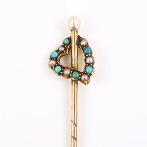 382 - A Victorian turquoise and pearl heart stickpin, unmarked gold settings, overall length 55.2mm, 1g