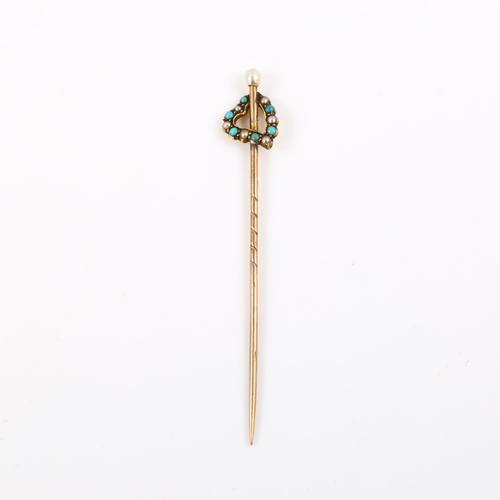 382 - A Victorian turquoise and pearl heart stickpin, unmarked gold settings, overall length 55.2mm, 1g