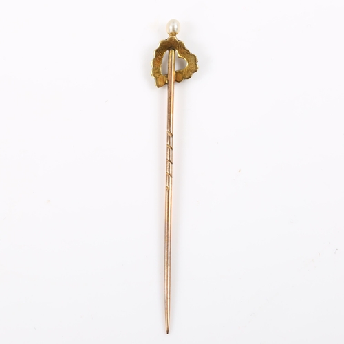 382 - A Victorian turquoise and pearl heart stickpin, unmarked gold settings, overall length 55.2mm, 1g