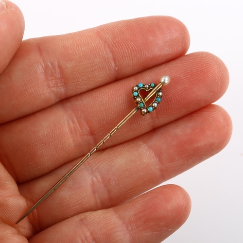 382 - A Victorian turquoise and pearl heart stickpin, unmarked gold settings, overall length 55.2mm, 1g