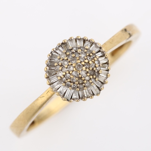 383 - A modern 9ct gold diamond cluster dress ring, set with  a single and baguette-cut diamonds, setting ... 