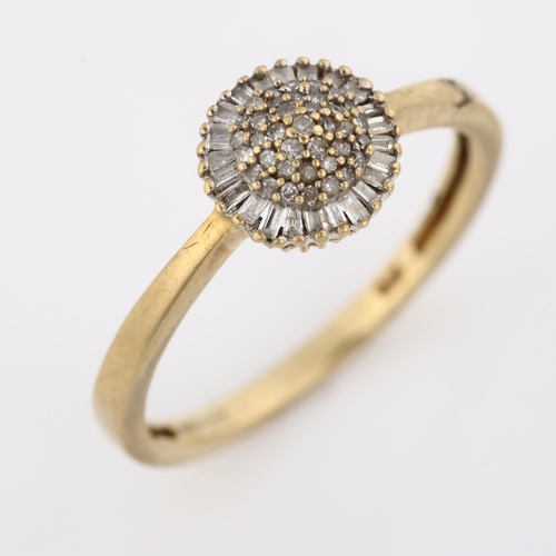 383 - A modern 9ct gold diamond cluster dress ring, set with  a single and baguette-cut diamonds, setting ... 