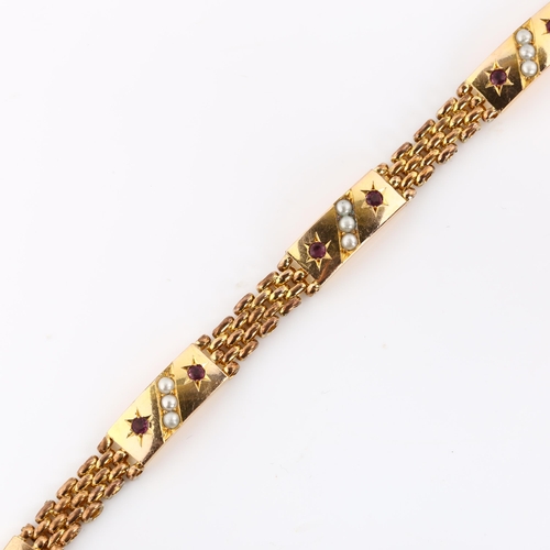 390 - A Victorian gold plated garnet and pearl bracelet, maker's marks S and C, bracelet length 18.5cm, 15... 