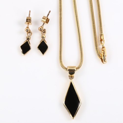 391 - A modern 9ct gold black enamel lozenge matching pendant necklace and earring set, pendant height 28.... 