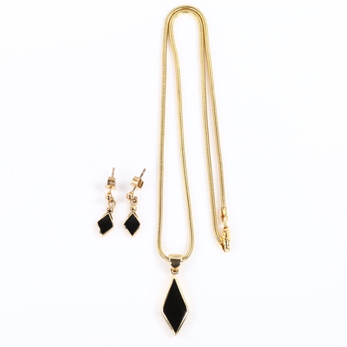 391 - A modern 9ct gold black enamel lozenge matching pendant necklace and earring set, pendant height 28.... 