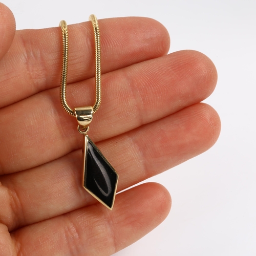 391 - A modern 9ct gold black enamel lozenge matching pendant necklace and earring set, pendant height 28.... 