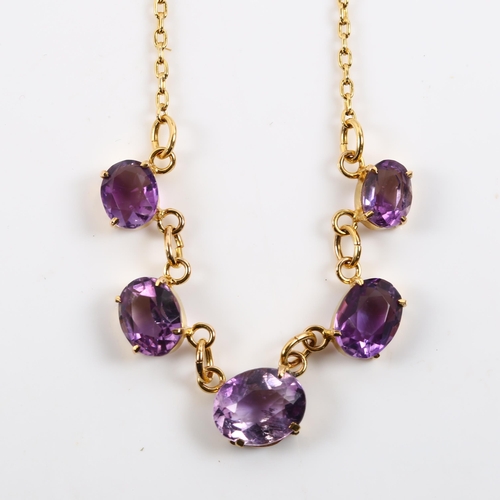 392 - An Edwardian 9ct gold five stone amethyst collar necklace, set with oval mixed-cut amethyst, with 15... 