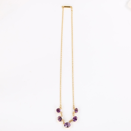 392 - An Edwardian 9ct gold five stone amethyst collar necklace, set with oval mixed-cut amethyst, with 15... 