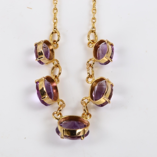 392 - An Edwardian 9ct gold five stone amethyst collar necklace, set with oval mixed-cut amethyst, with 15... 