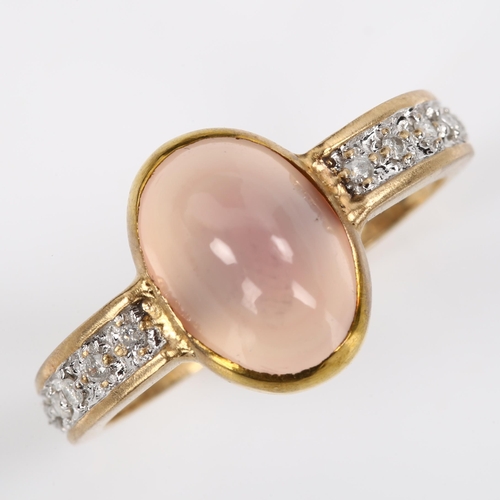 396 - A modern 9ct gold moonstone and diamond dress ring, set with oval cabochon moonstone and modern roun... 