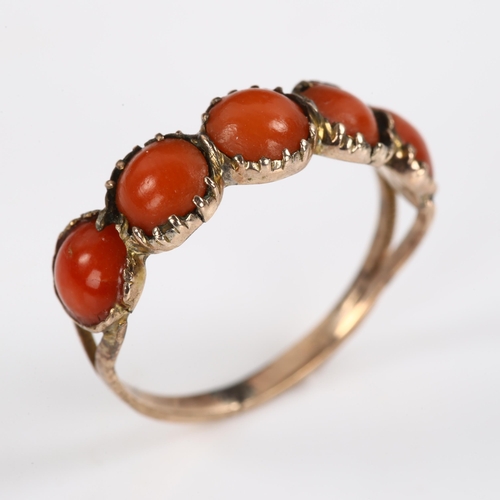 398 - A Georgian five stone coral dress ring, unmarked rose gold closed-back settings, setting height 5.4m... 