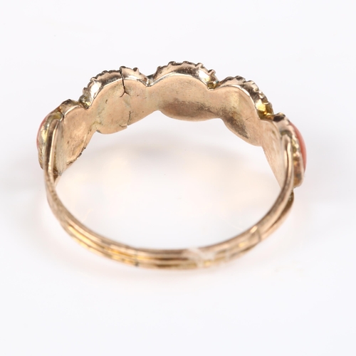 398 - A Georgian five stone coral dress ring, unmarked rose gold closed-back settings, setting height 5.4m... 