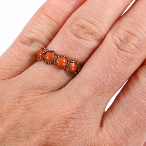 398 - A Georgian five stone coral dress ring, unmarked rose gold closed-back settings, setting height 5.4m... 