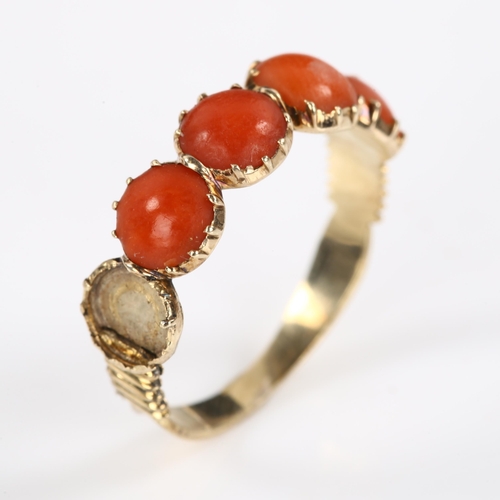 399 - A Georgian five stone coral dress ring, unmarked rose gold closed-back settings, setting height 5.7m... 