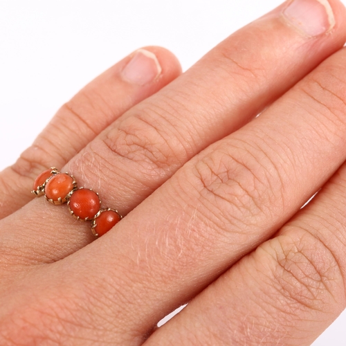 399 - A Georgian five stone coral dress ring, unmarked rose gold closed-back settings, setting height 5.7m... 