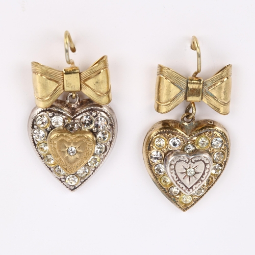 401 - A pair of gold plated paste heart and bow drop earrings, with shepherd hook fittings, earring height... 