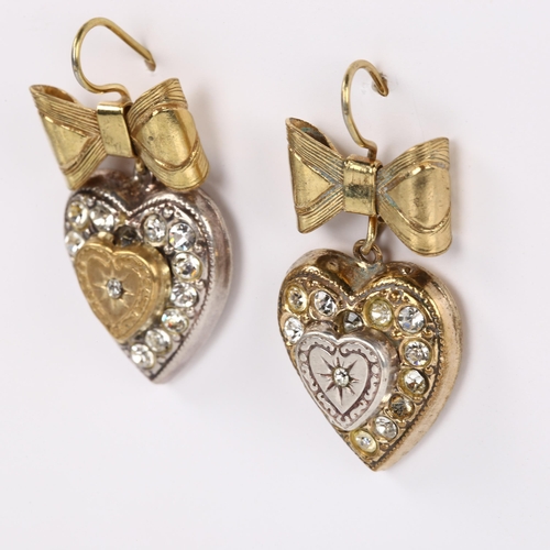 401 - A pair of gold plated paste heart and bow drop earrings, with shepherd hook fittings, earring height... 