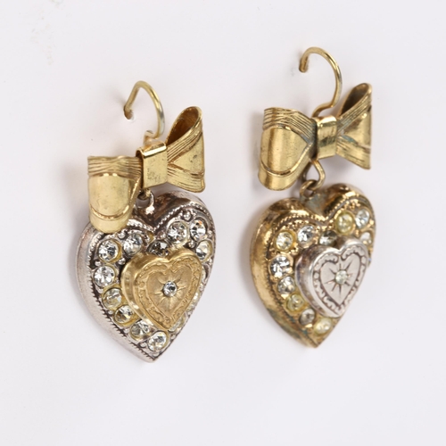 401 - A pair of gold plated paste heart and bow drop earrings, with shepherd hook fittings, earring height... 