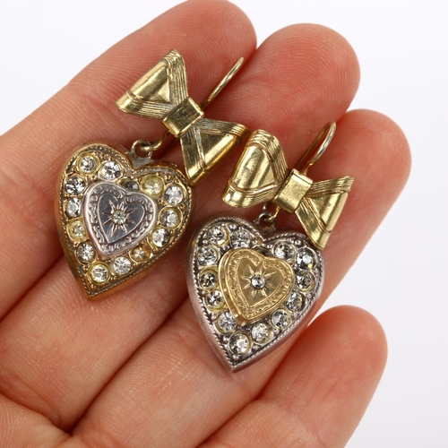 401 - A pair of gold plated paste heart and bow drop earrings, with shepherd hook fittings, earring height... 