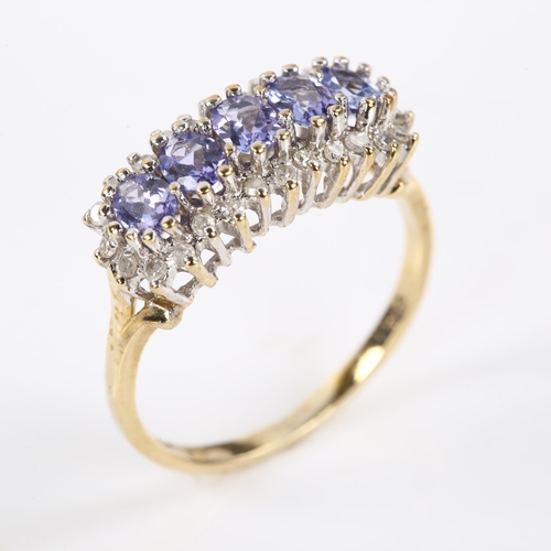 410 - A modern tanzanite and diamond cluster ring, unmarked gold settings, set with oval mixed-cut tanzani... 