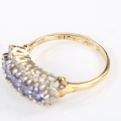 410 - A modern tanzanite and diamond cluster ring, unmarked gold settings, set with oval mixed-cut tanzani... 