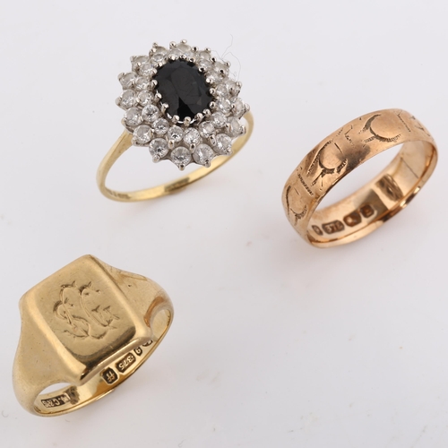 414 - 3 x 9ct gold rings, sizes N, and P x 2, 10.7g total (3)