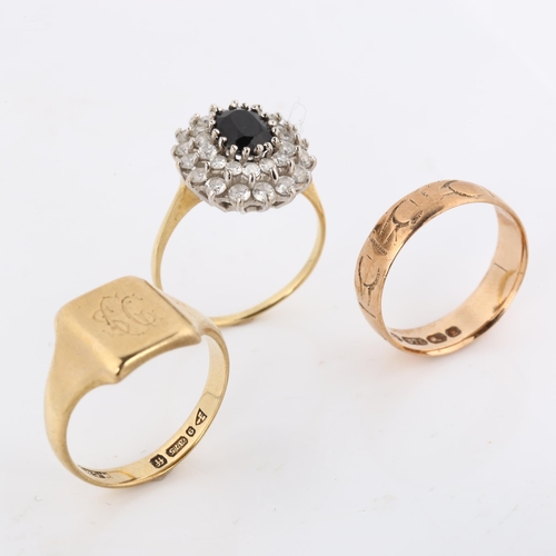 414 - 3 x 9ct gold rings, sizes N, and P x 2, 10.7g total (3)