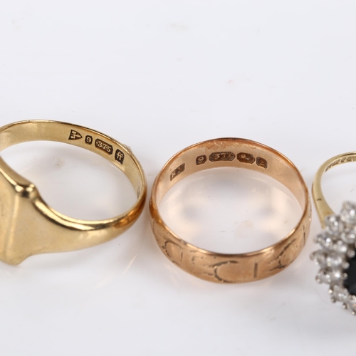 414 - 3 x 9ct gold rings, sizes N, and P x 2, 10.7g total (3)