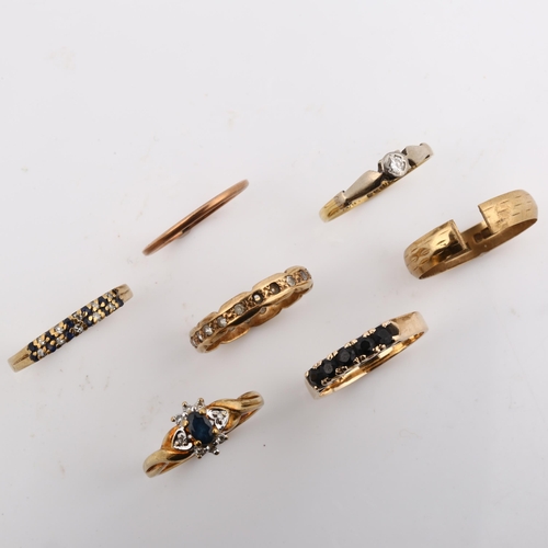 415 - Various gold rings, comprising 18ct diamond solitaire, 1.6g, 14ct sapphire ring, 2.3g, 4 x 9ct rings... 