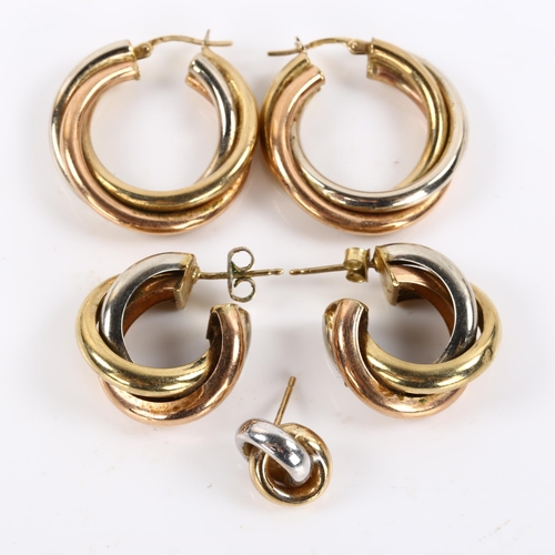 419 - 2 pairs of 9ct three-colour gold hoop earrings, and another single earring, 13.4g total