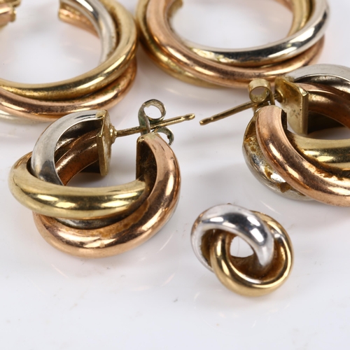 419 - 2 pairs of 9ct three-colour gold hoop earrings, and another single earring, 13.4g total